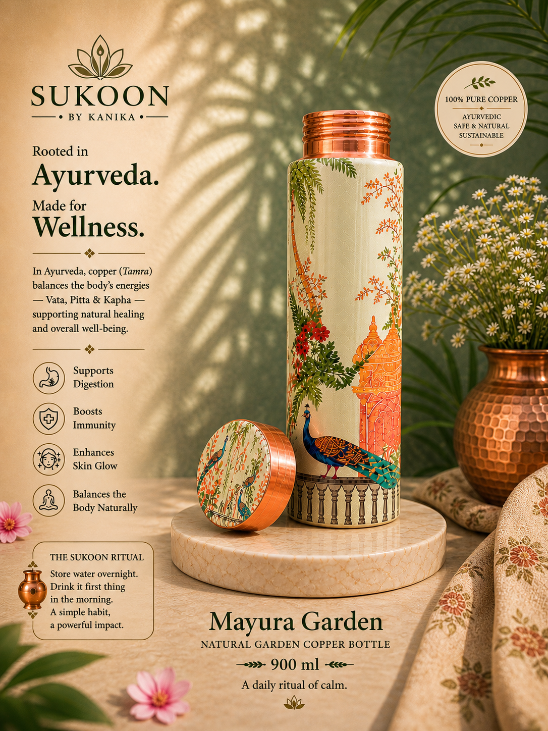 Pure Copper Water Bottle 900ml – Ayurvedic Drinkware for Yoga, Gym & Travel