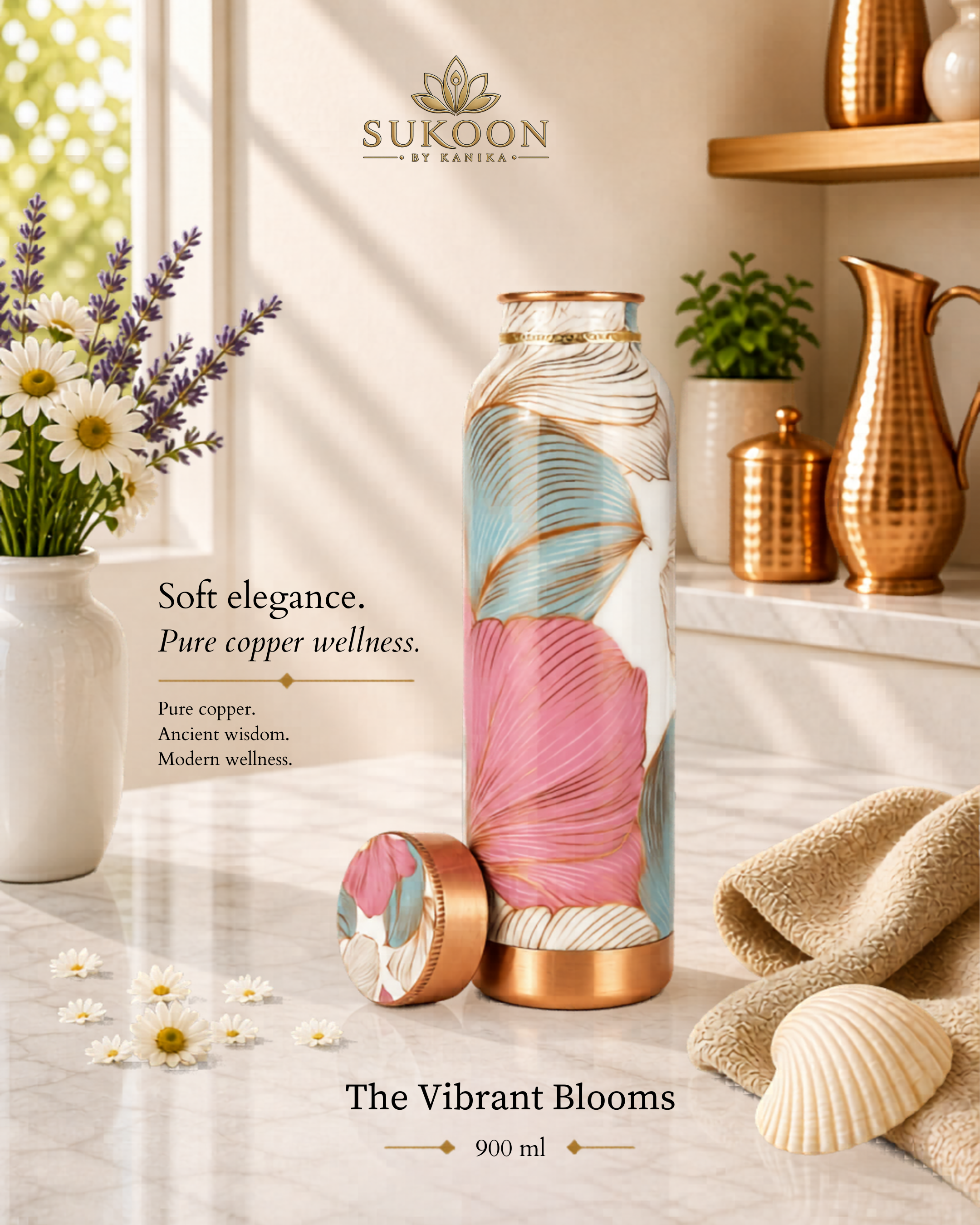 Pure Copper Water Bottle 900ml – Ayurvedic Drinkware for Yoga, Gym & Travel