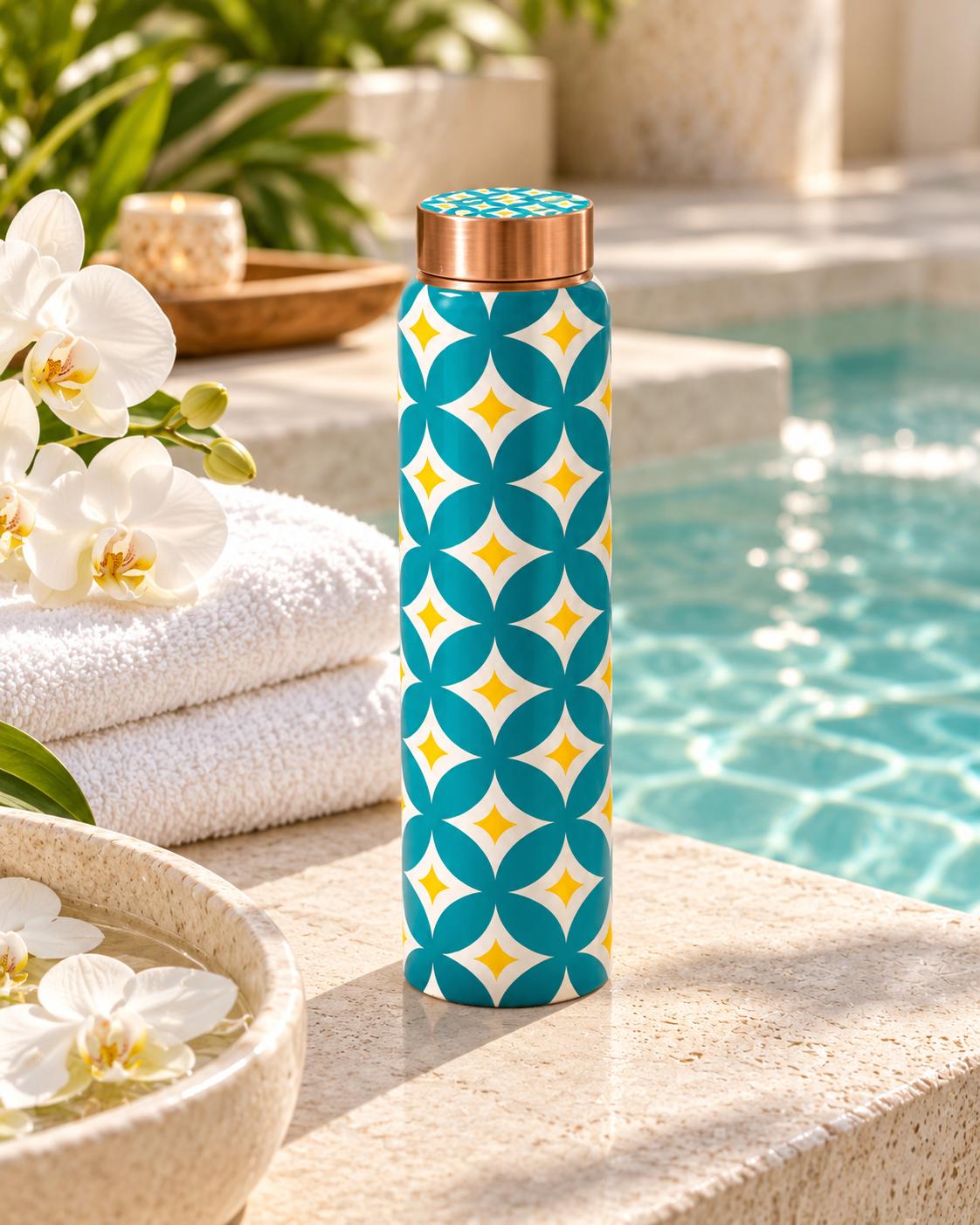 Turquoise Harmony copper bottle - lifestyle angle
