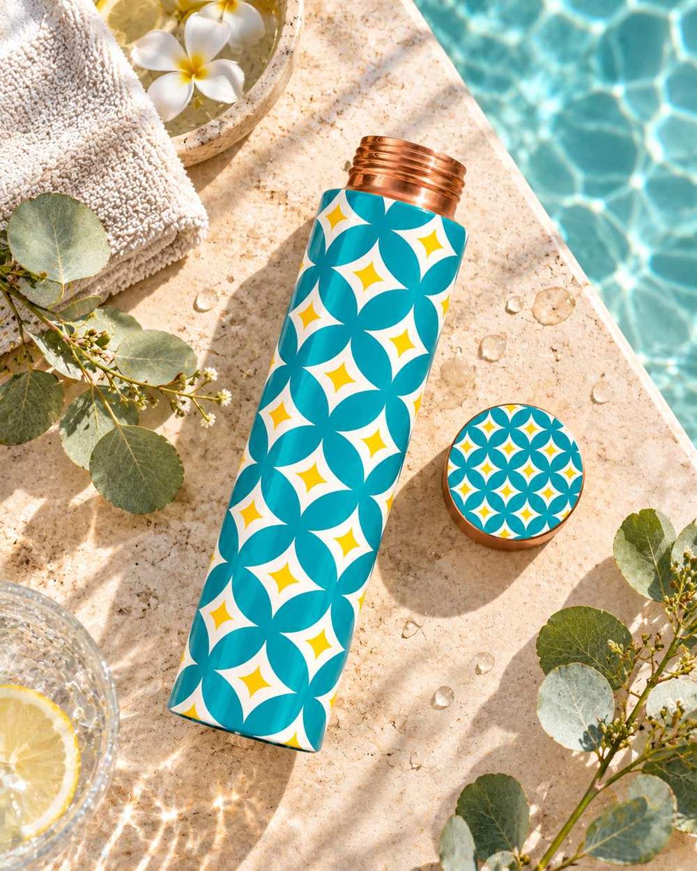 Turquoise Harmony copper bottle - top-down flat lay