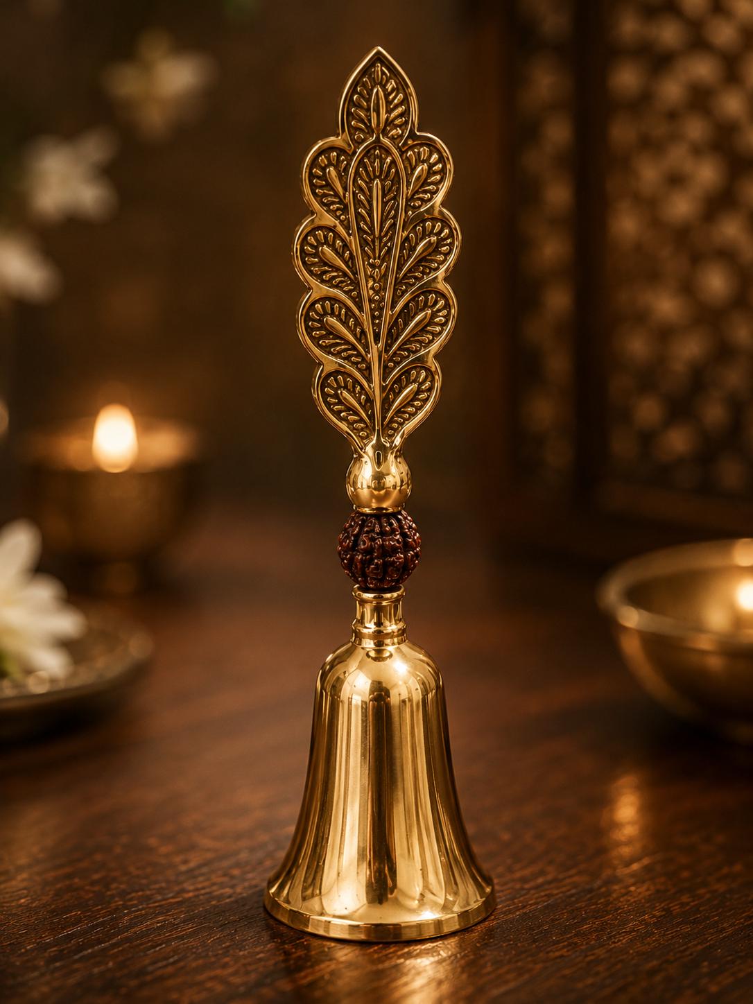 Brass Engraved Pooja Thali 10 Inch, Handcrafted Rudraksha Aarti Puja Plate for Diwali & Na