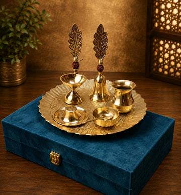 Brass Engraved Pooja Thali 10 Inch, Handcrafted Rudraksha Aarti Puja Plate for Diwali & Na