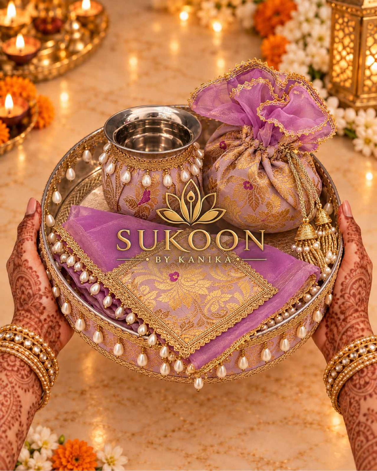 Karva Chauth Thali Set 5-Piece — Purple Brocade Pooja Thali with Chhalni, Lota, Thal Cover & Potli