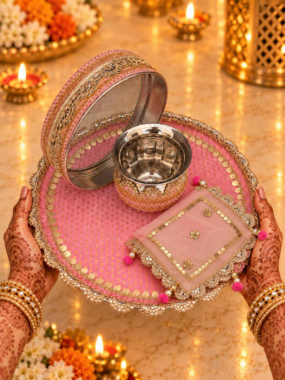 Karwa Chauth Thali Set 4-Piece — Baby Pink Pooja Thali with Chhalni, Lota & Thal Cover