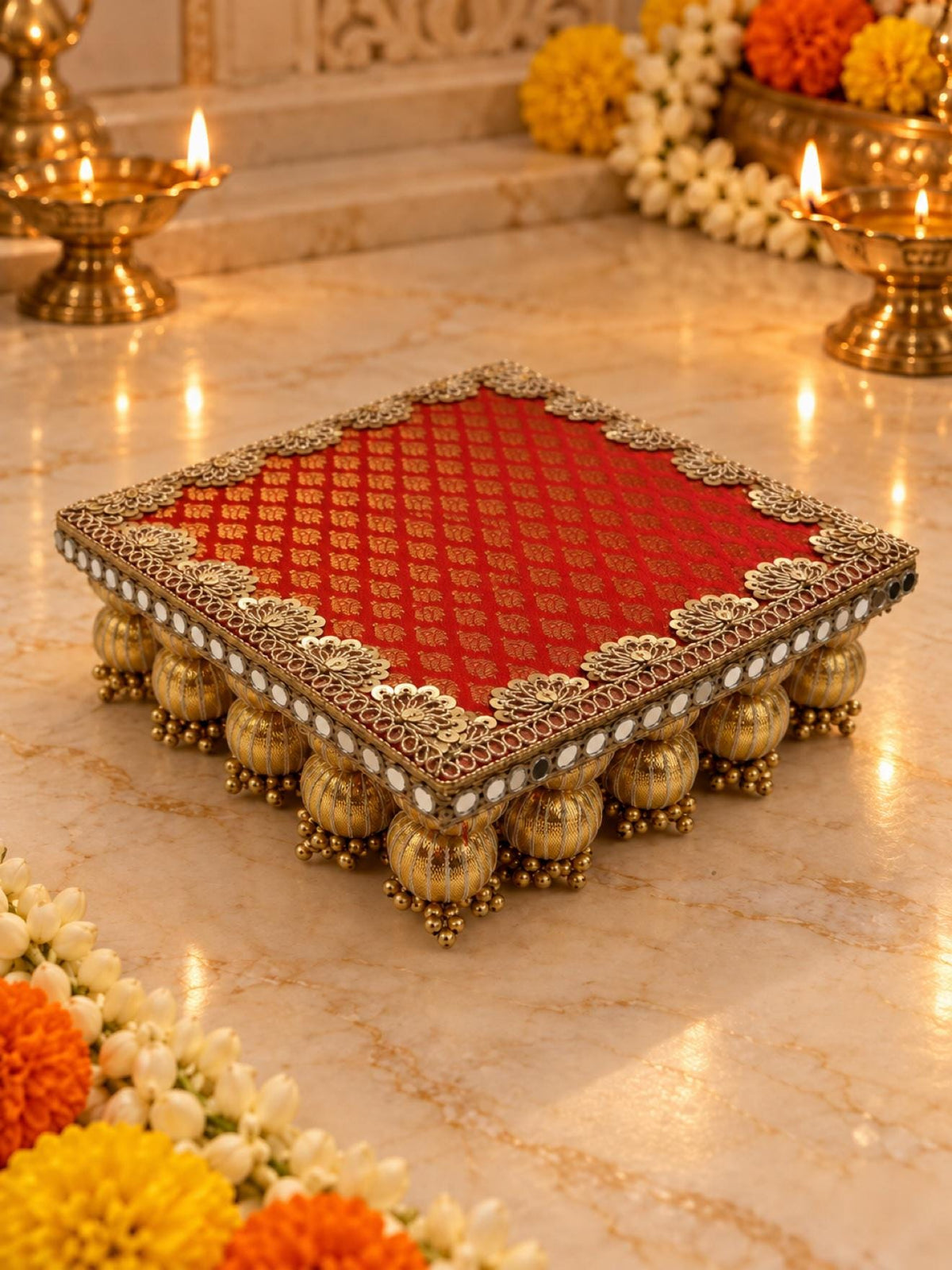 Pure Banarasi Pooja Aasan with Zari Work, Decorative Chowki for God Idol, Mandir Decor for