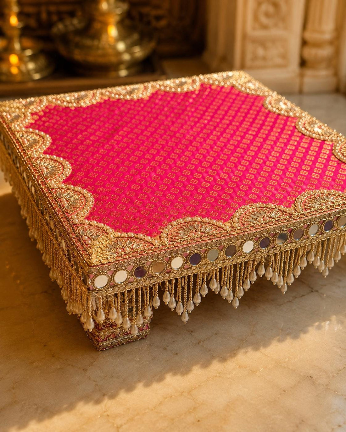 Pure Banarasi Pooja Aasan with Zari Work, Decorative Chowki for God Idol, Mandir Decor for