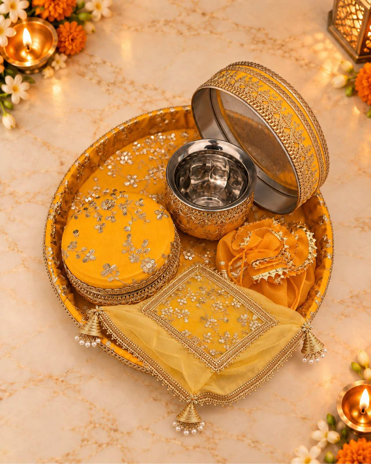 Karwa Chauth Thali Set 6-Piece — Mustard Yellow Brocade Pooja Thali with Chhalni, Lota, Dibbi, Thal Cover & Potli