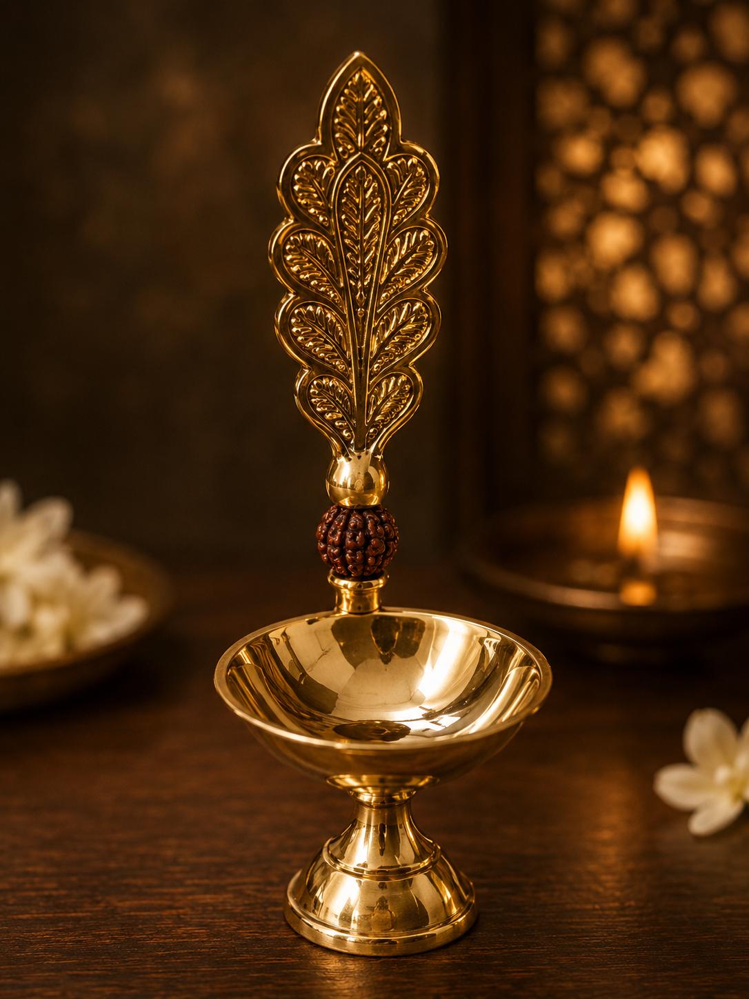 Brass Engraved Pooja Thali 10 Inch, Handcrafted Rudraksha Aarti Puja Plate for Diwali & Na