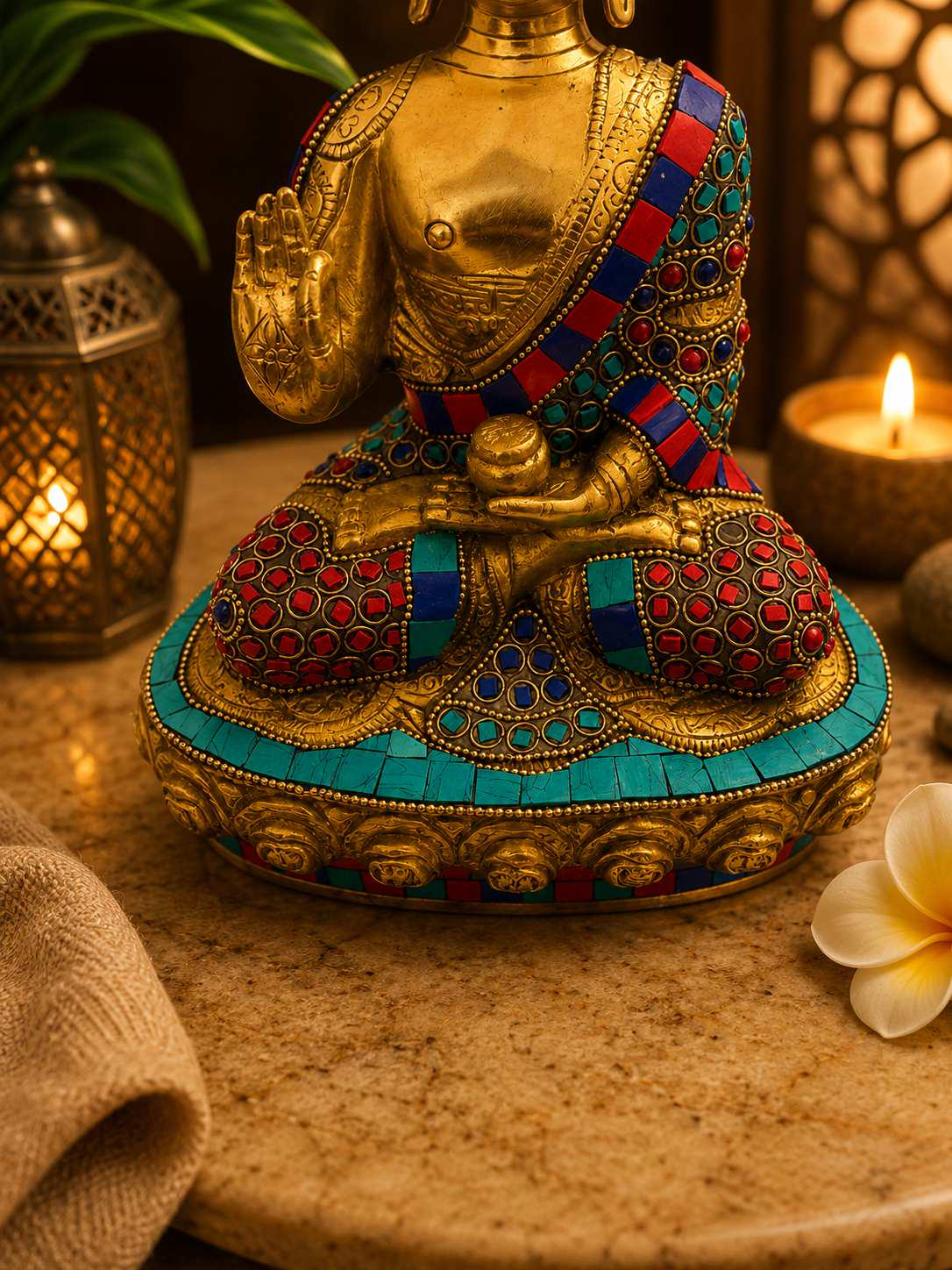 Brass Buddha Statue 9.5” with Stone Work