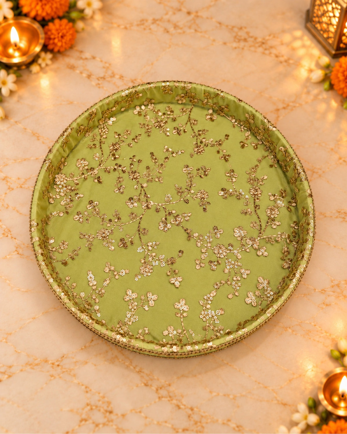 Karwa Chauth Thali Set 6-Piece — Light Green Brocade Pooja Thali with Chhalni, Lota, Dibbi, Thal Cover & Potli