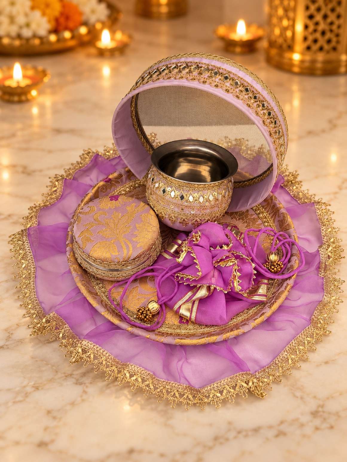 Karwa Chauth Thali Set 6-Piece — Lavender Brocade Pooja Thali with Chhalni, Lota, Dibbi, Thal Cover & Potli
