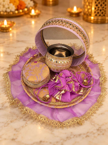 Karwa Chauth Thali Set 6-Piece — Lavender Brocade Pooja Thali with Chhalni, Lota, Dibbi, Thal Cover & Potli