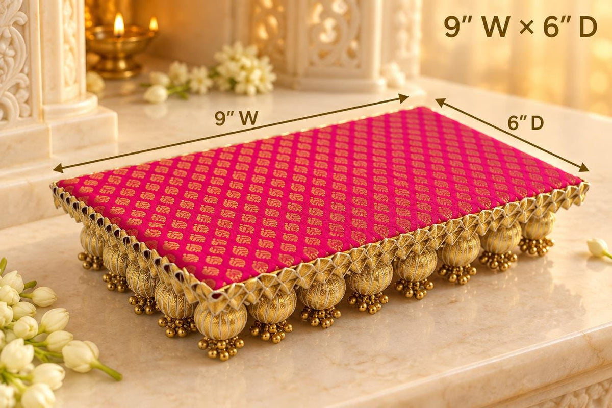 Pink Banarasi fabric chowki 9 by 6 inches with gold zari brocade and hanging bead tassels for mandir pooja Diwali Navratri decor