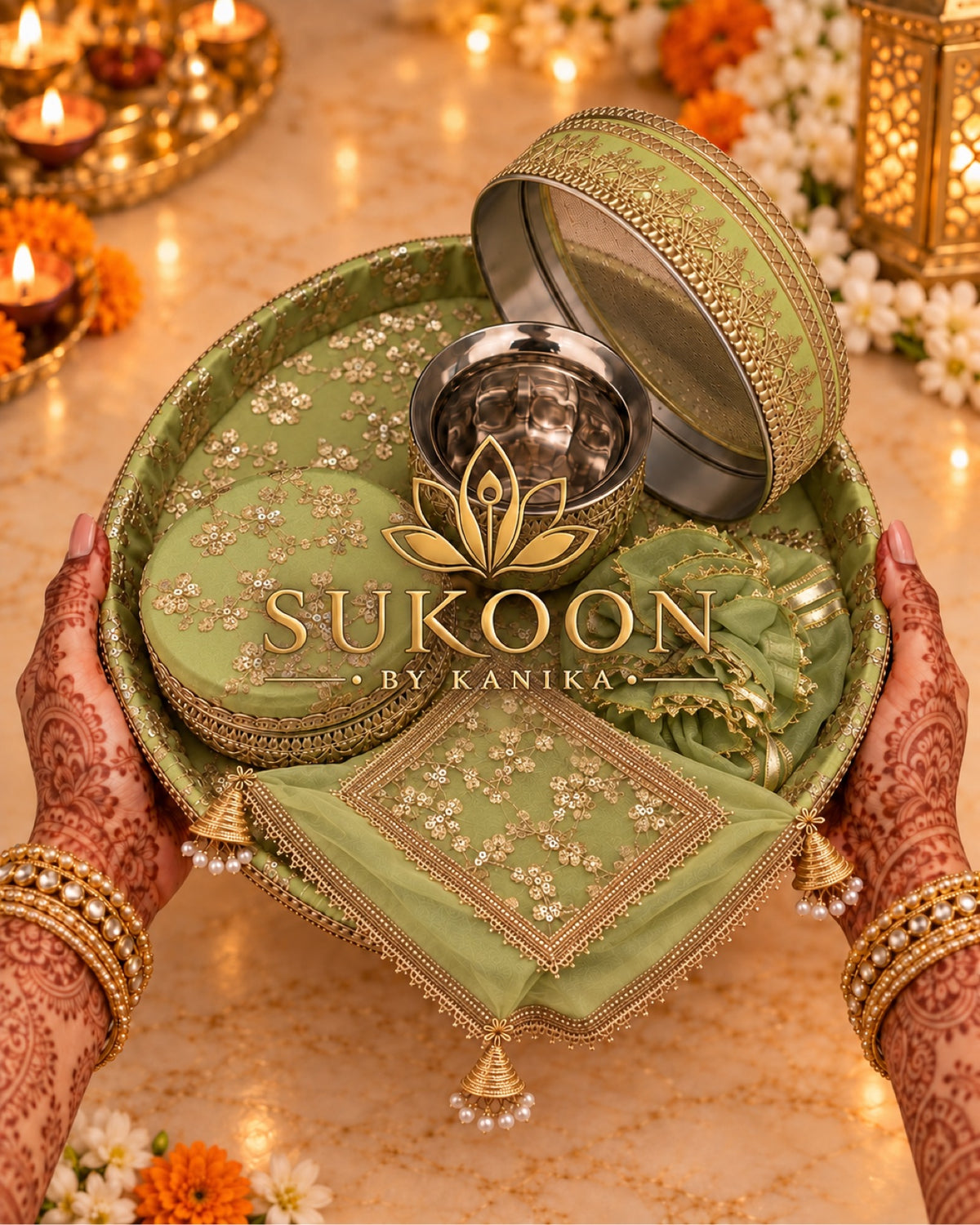 Karwa Chauth Thali Set 6-Piece — Light Green Brocade Pooja Thali with Chhalni, Lota, Dibbi, Thal Cover & Potli