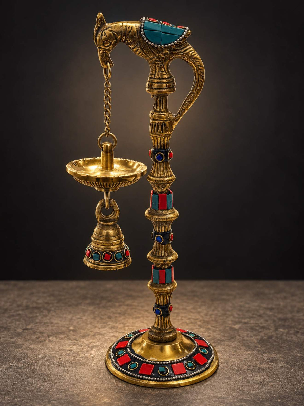 Handcrafted 10" Brass Parrot Diya Lamps Set of 2, Stonework Oil Lamp Stands with Hanging Bells, Parrot Deepak Pair for Diwali Puja, Home Temple & Mandir Decor | Diwali Gift