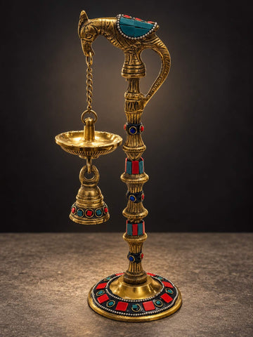 Handcrafted 10" Brass Parrot Diya Lamps Set of 2, Stonework Oil Lamp Stands with Hanging Bells, Parrot Deepak Pair for Diwali Puja, Home Temple & Mandir Decor | Diwali Gift