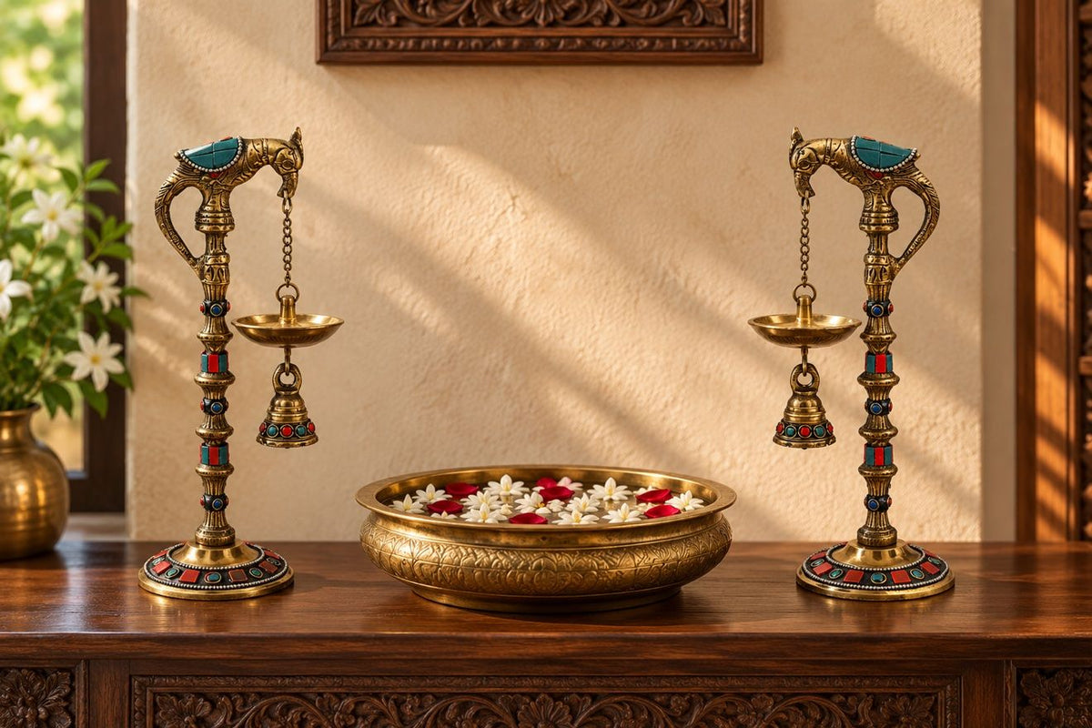 Handcrafted 10" Brass Parrot Diya Lamps Set of 2, Stonework Oil Lamp Stands with Hanging Bells, Parrot Deepak Pair for Diwali Puja, Home Temple & Mandir Decor | Diwali Gift