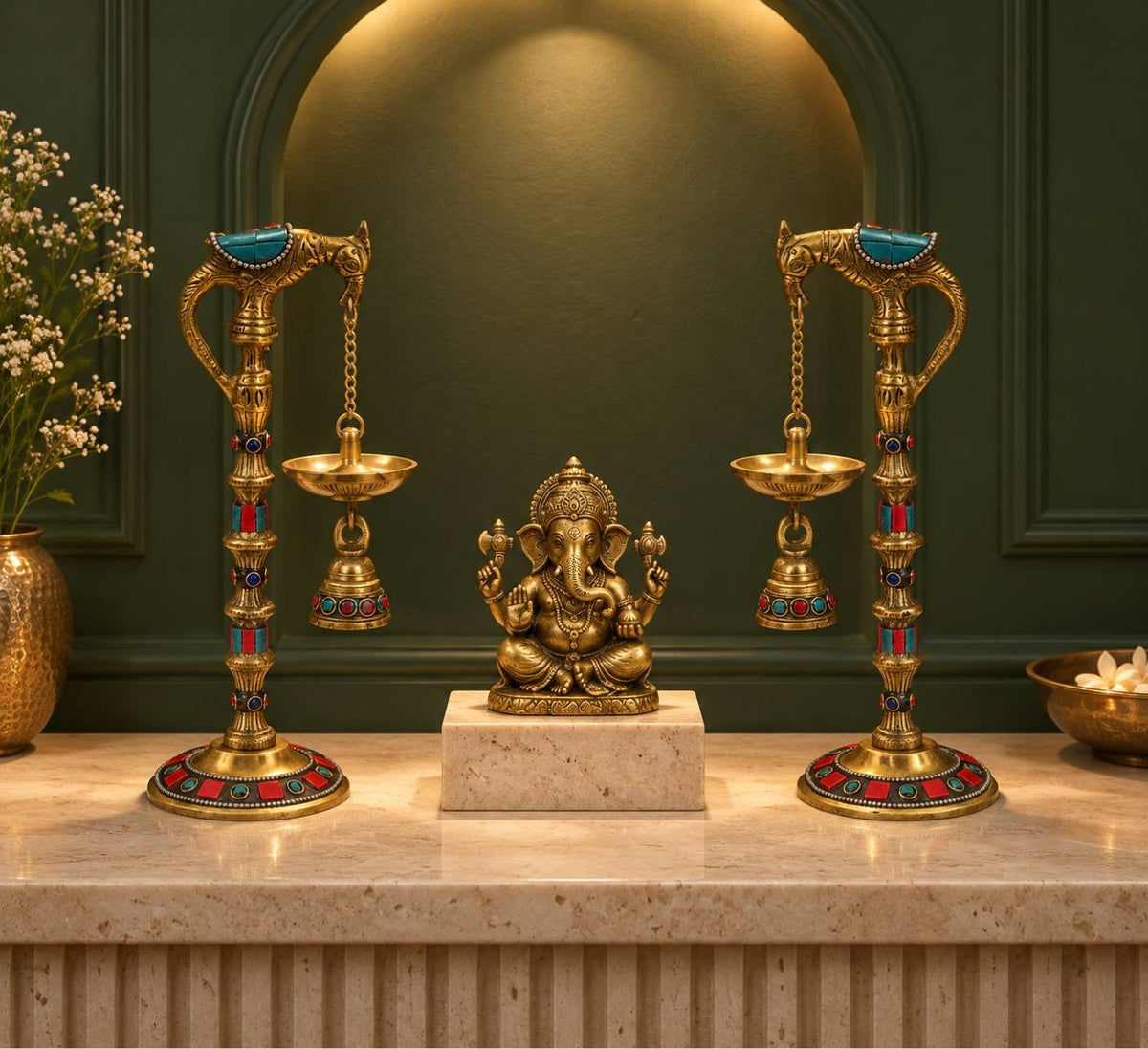 Handcrafted 10" Brass Parrot Diya Lamps Set of 2, Stonework Oil Lamp Stands with Hanging Bells, Parrot Deepak Pair for Diwali Puja, Home Temple & Mandir Decor | Diwali Gift