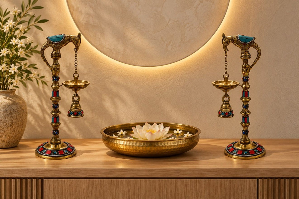 Handcrafted 10" Brass Parrot Diya Lamps Set of 2, Stonework Oil Lamp Stands with Hanging Bells, Parrot Deepak Pair for Diwali Puja, Home Temple & Mandir Decor | Diwali Gift