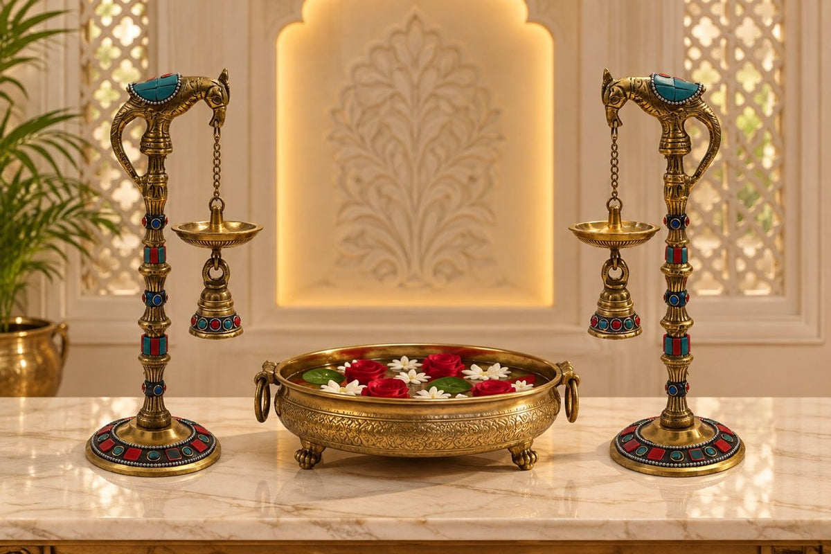 Handcrafted 10" Brass Parrot Diya Lamps Set of 2, Stonework Oil Lamp Stands with Hanging Bells, Parrot Deepak Pair for Diwali Puja, Home Temple & Mandir Decor | Diwali Gift