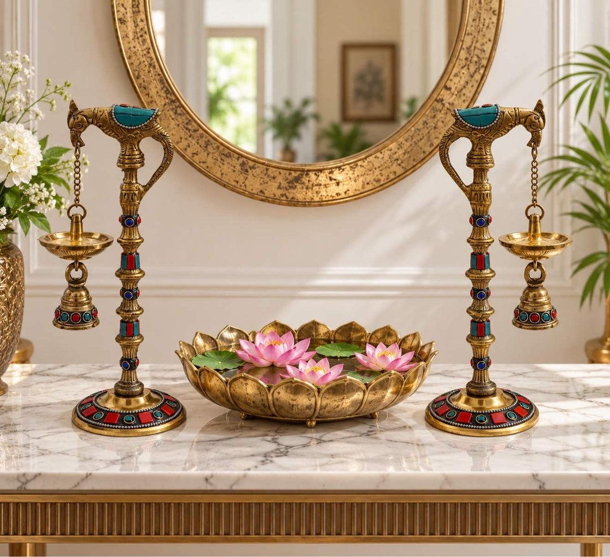 Handcrafted 10" Brass Parrot Diya Lamps Set of 2, Stonework Oil Lamp Stands with Hanging Bells, Parrot Deepak Pair for Diwali Puja, Home Temple & Mandir Decor | Diwali Gift