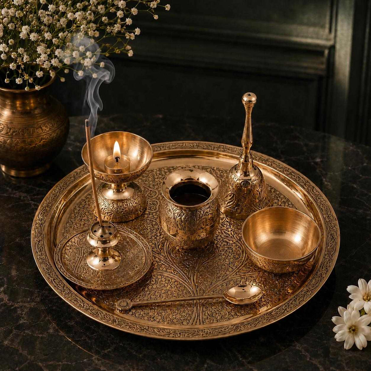 Handcrafted brass aarti puja plate with intricate mandala engraving for home temple and Navratri worship