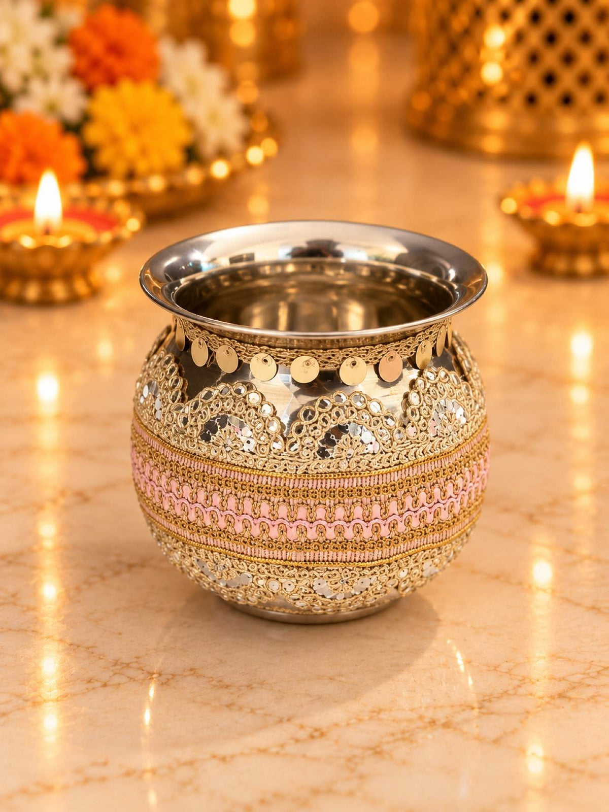 Karwa Chauth Thali Set 4-Piece — Baby Pink Pooja Thali with Chhalni, Lota & Thal Cover