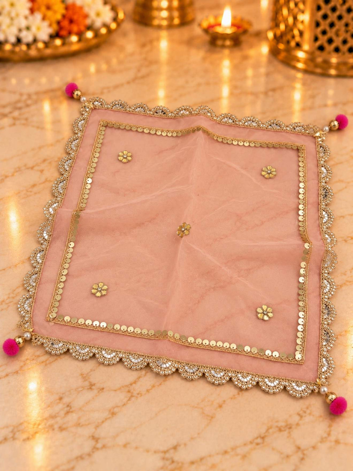 Karwa Chauth Thali Set 4-Piece — Baby Pink Pooja Thali with Chhalni, Lota & Thal Cover