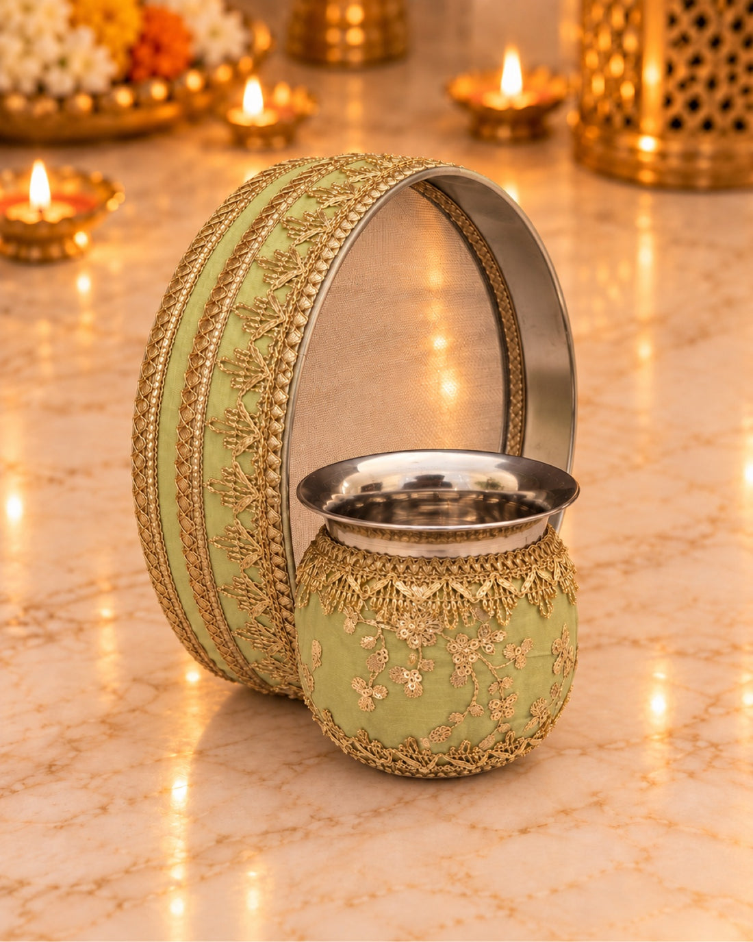 Karwa Chauth Thali Set 6-Piece — Light Green Brocade Pooja Thali with Chhalni, Lota, Dibbi, Thal Cover & Potli