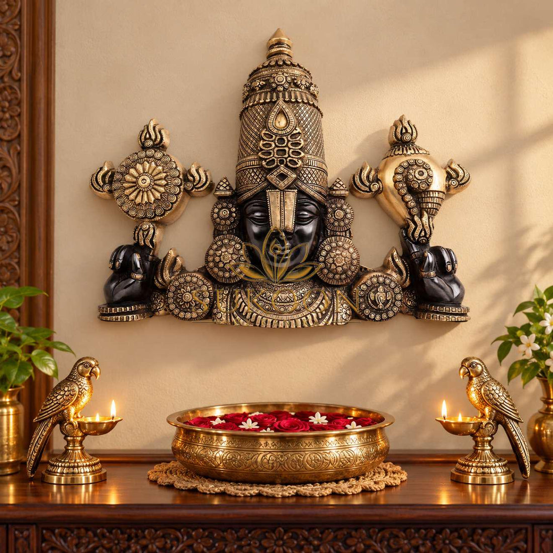 Lord Venkateswara Wall Hanging 20 Inch | Pure Brass Tirupati Balaji Wall Decor with Shankh Chakra | Antique Finish | Pooja Room, Entrance & Home Temple Decor | Housewarming & Diwali Gift