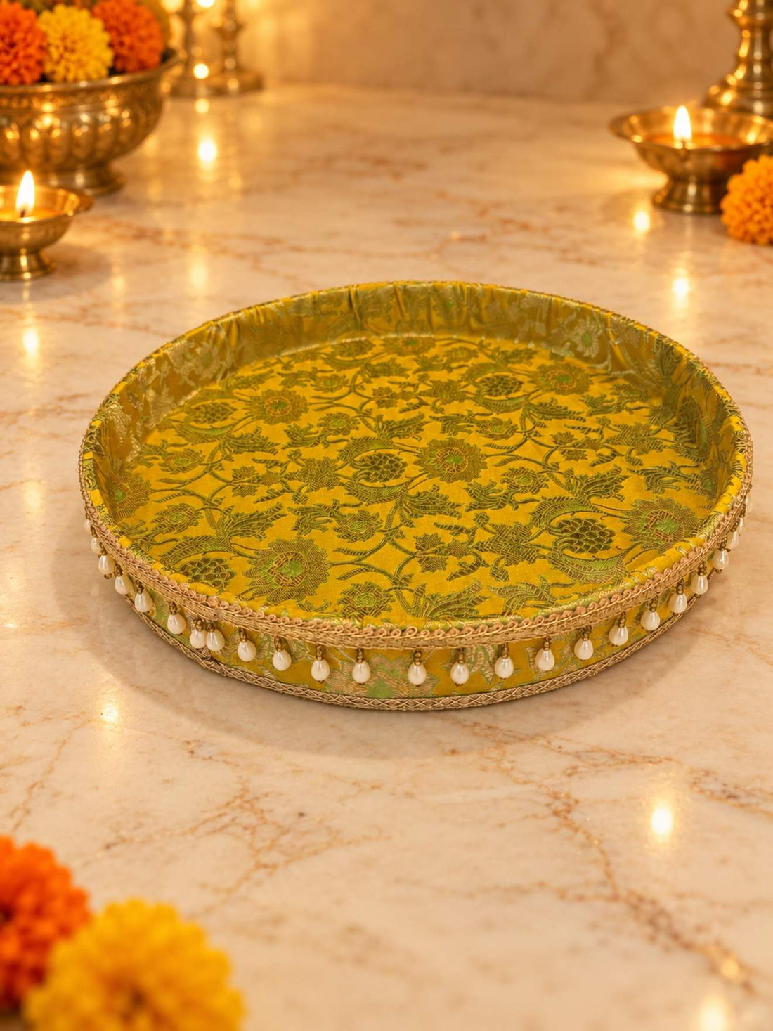 Karwa Chauth Thali Set 6-Piece — Yellow Green Brocade Pooja Thali with Chhalni, Lota, Dibbi, Potli & Thal Cover