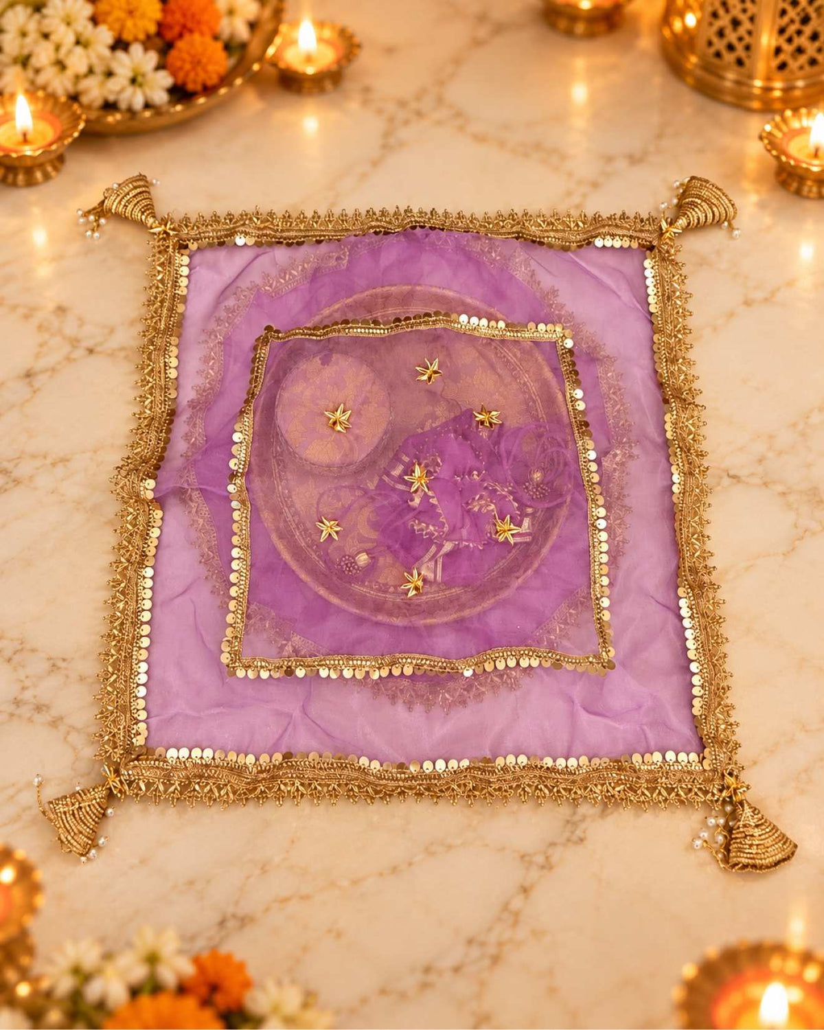 Karwa Chauth Thali Set 6-Piece — Lavender Brocade Pooja Thali with Chhalni, Lota, Dibbi, Thal Cover & Potli