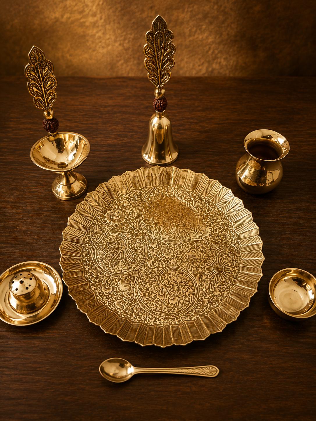 Brass Engraved Pooja Thali 10 Inch, Handcrafted Rudraksha Aarti Puja Plate for Diwali & Na