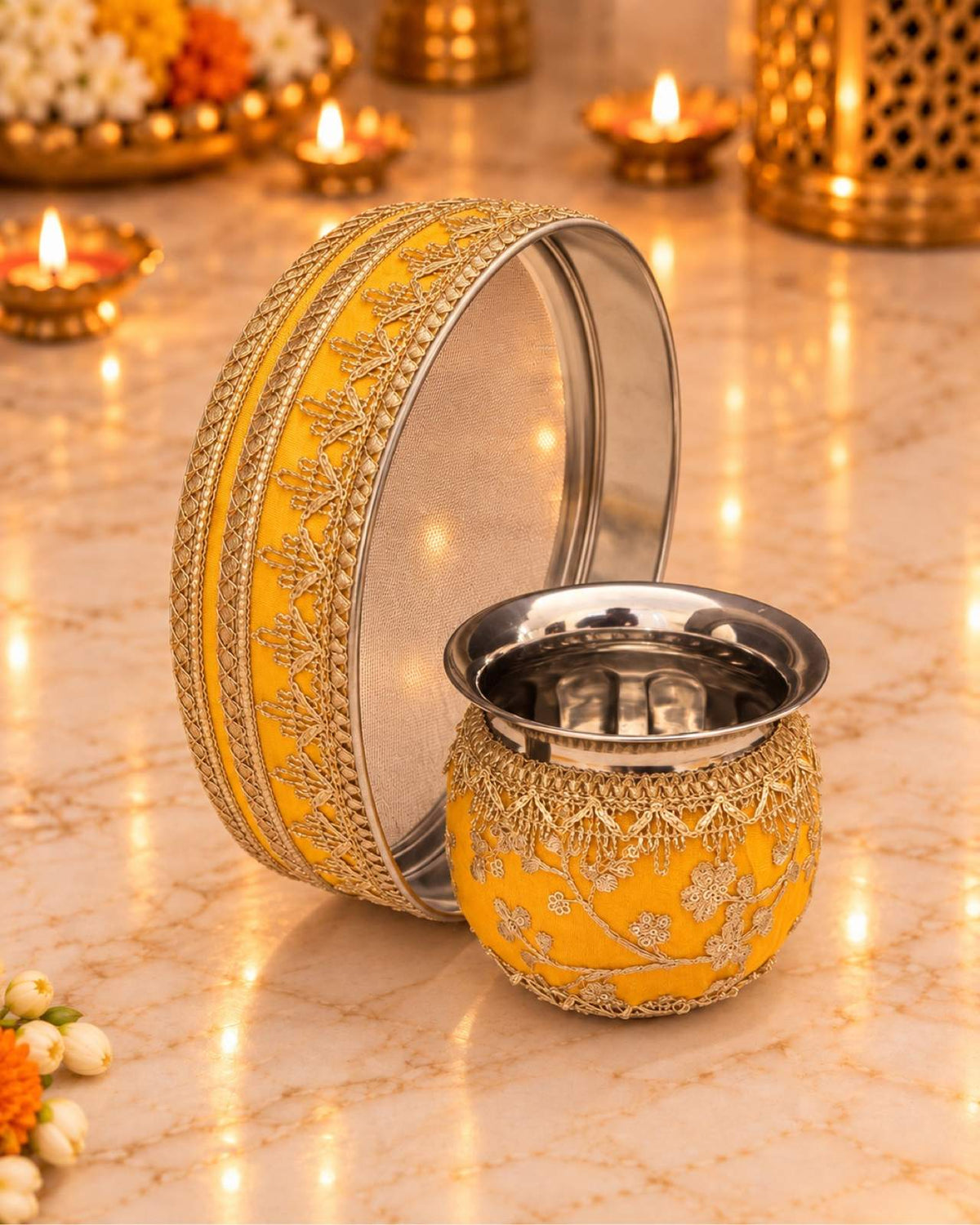 Karwa Chauth Thali Set 6-Piece — Mustard Yellow Brocade Pooja Thali with Chhalni, Lota, Dibbi, Thal Cover & Potli