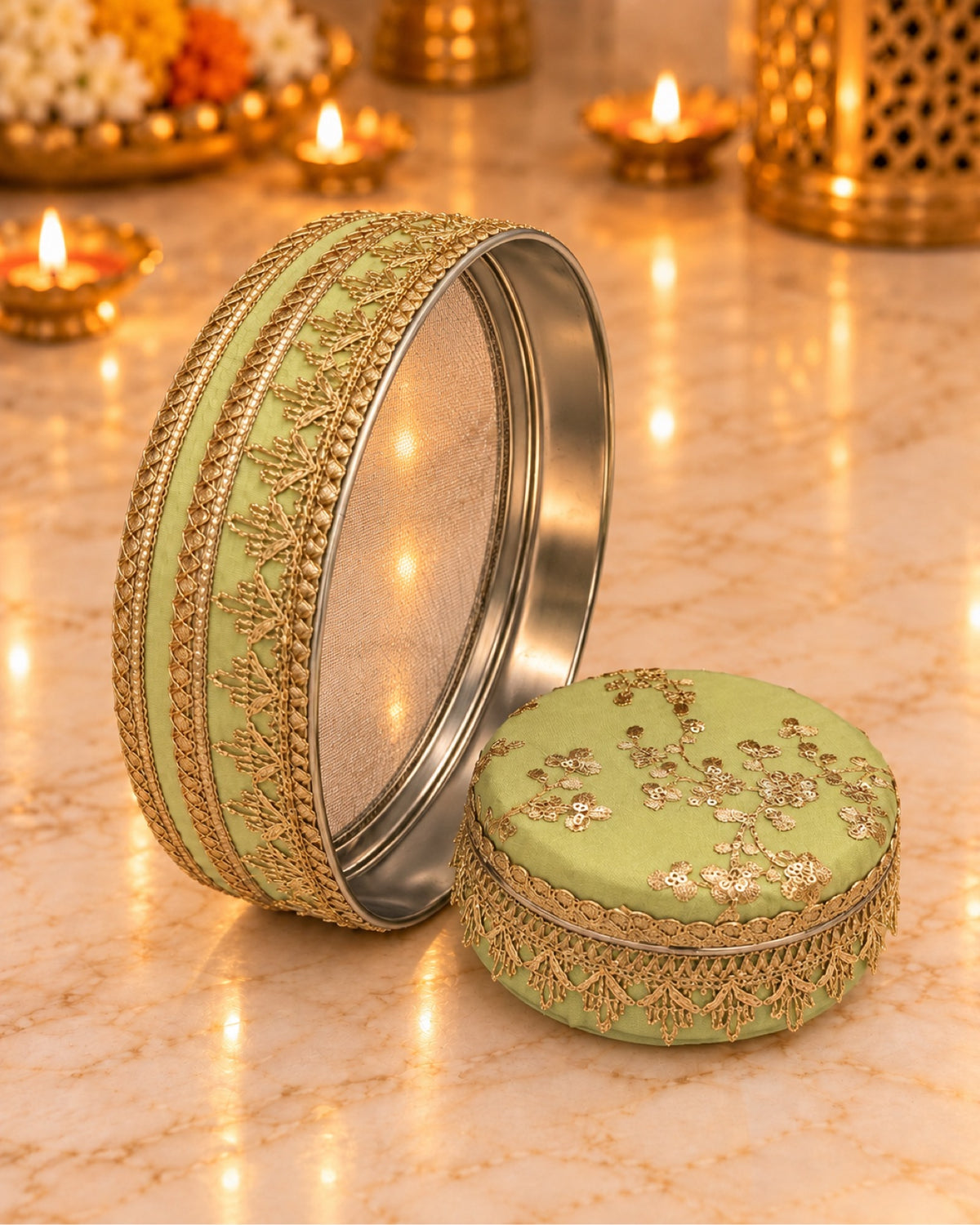 Karwa Chauth Thali Set 6-Piece — Light Green Brocade Pooja Thali with Chhalni, Lota, Dibbi, Thal Cover & Potli