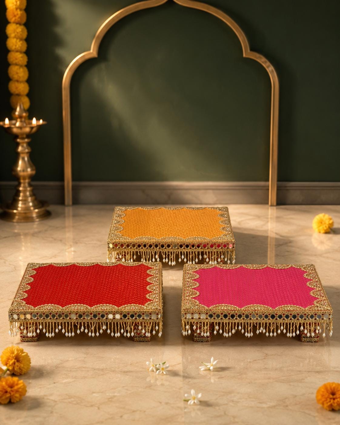 Pure Banarasi Pooja Aasan with Zari Work, Decorative Chowki for God Idol, Mandir Decor for