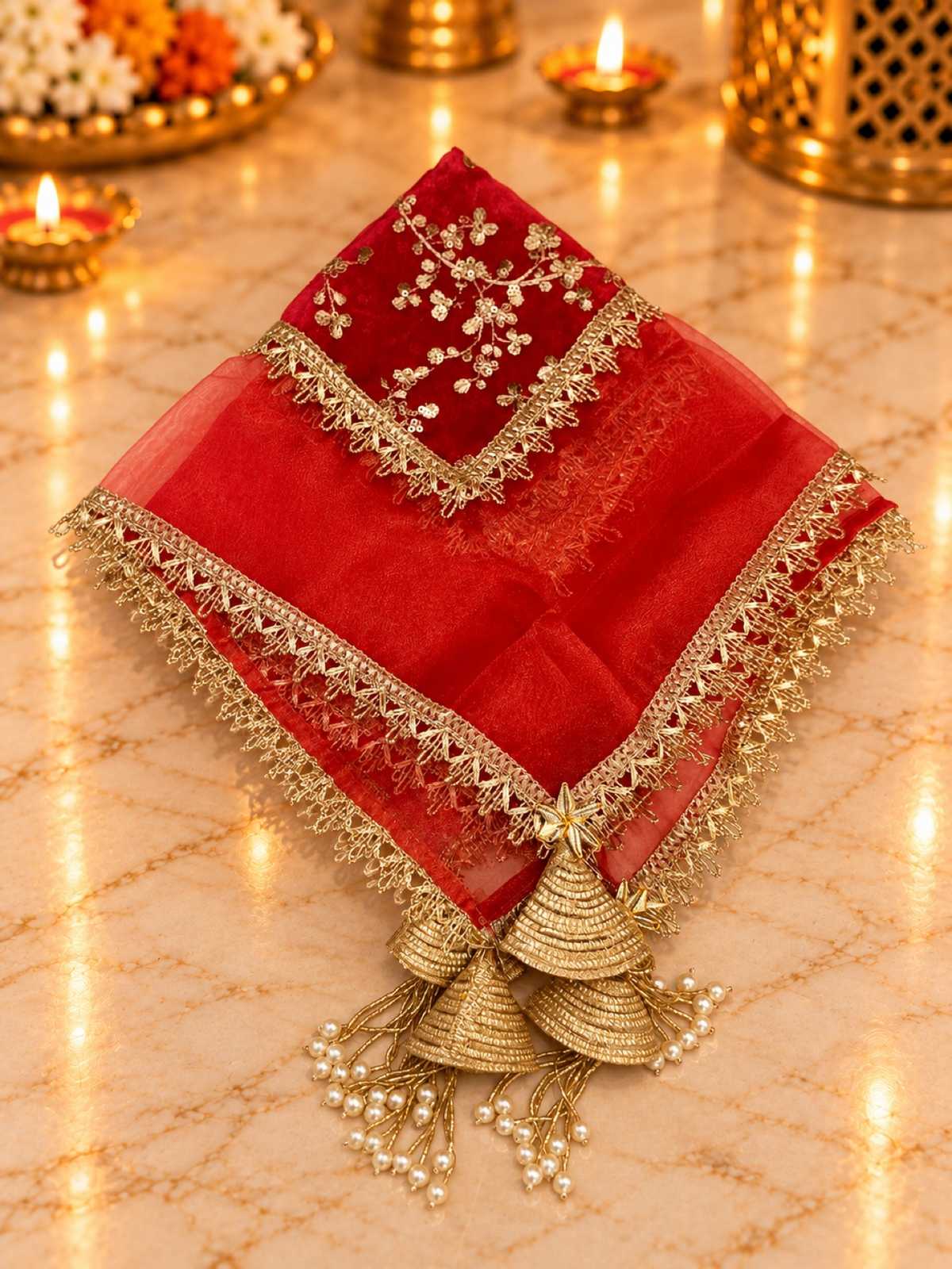 Karva Chauth Thali Set 5-Piece — Red Zari Brocade Pooja Thali with Chhalni, Lota, Thal Cover & Potli