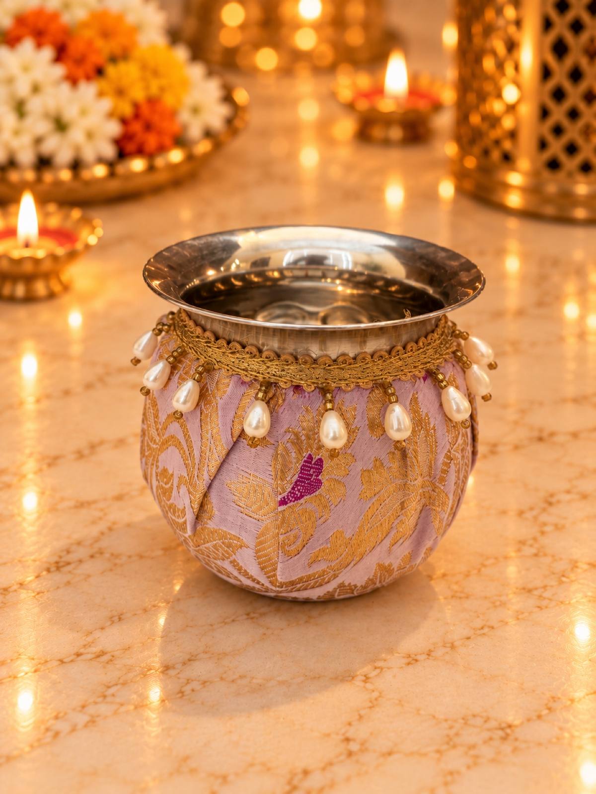 Karva Chauth Thali Set 5-Piece — Purple Brocade Pooja Thali with Chhalni, Lota, Thal Cover & Potli