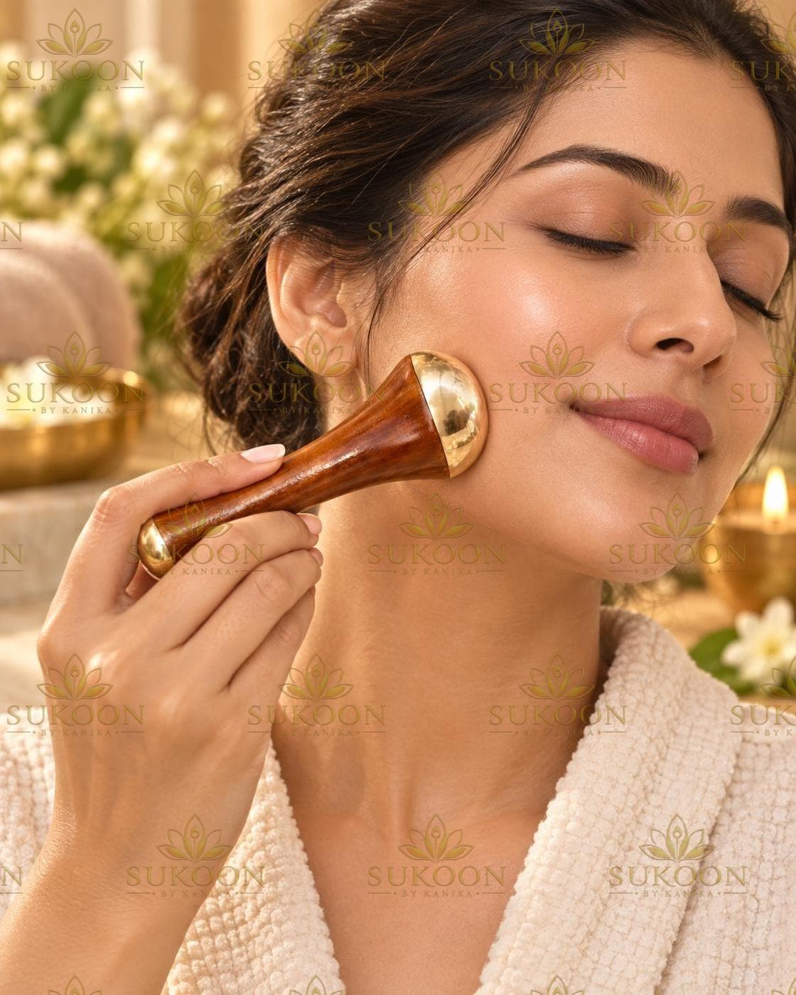 Kansa wand with face oil serum on gold vanity tray