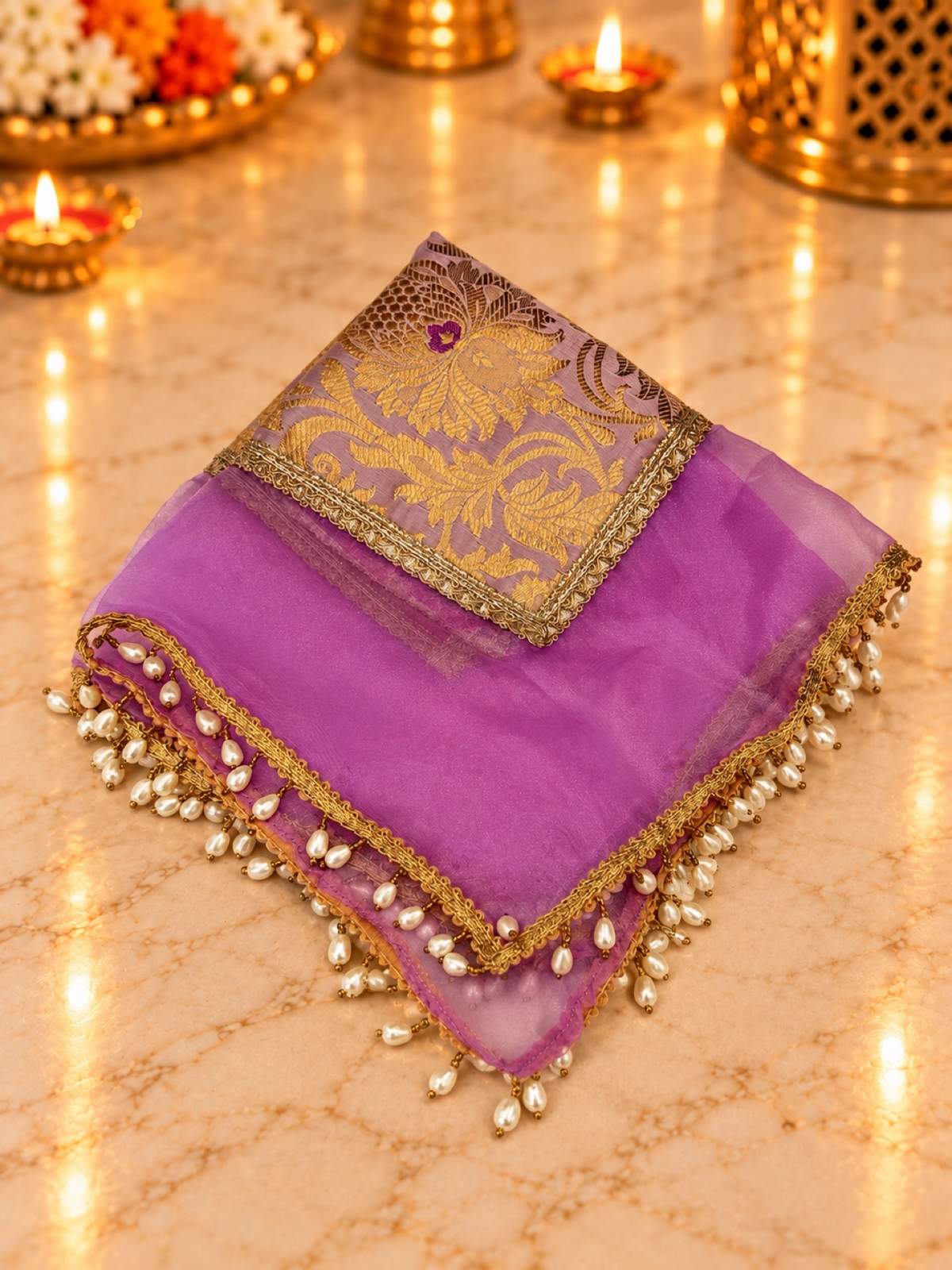 Karva Chauth Thali Set 5-Piece — Purple Brocade Pooja Thali with Chhalni, Lota, Thal Cover & Potli