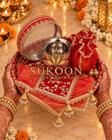 Karva Chauth Thali Set 5-Piece — Red Zari Brocade Pooja Thali with Chhalni, Lota, Thal Cover & Potli