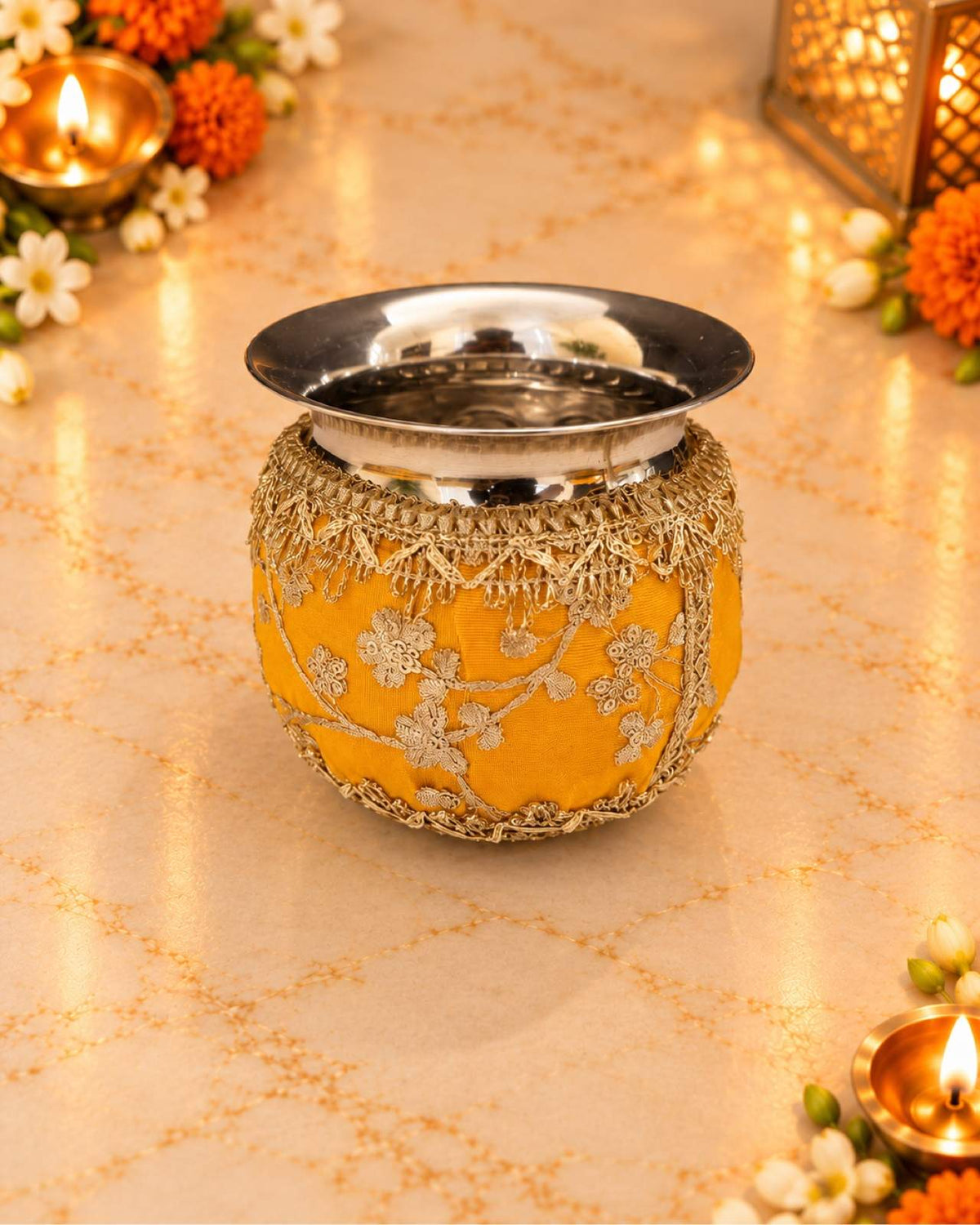 Karwa Chauth Thali Set 6-Piece — Mustard Yellow Brocade Pooja Thali with Chhalni, Lota, Dibbi, Thal Cover & Potli
