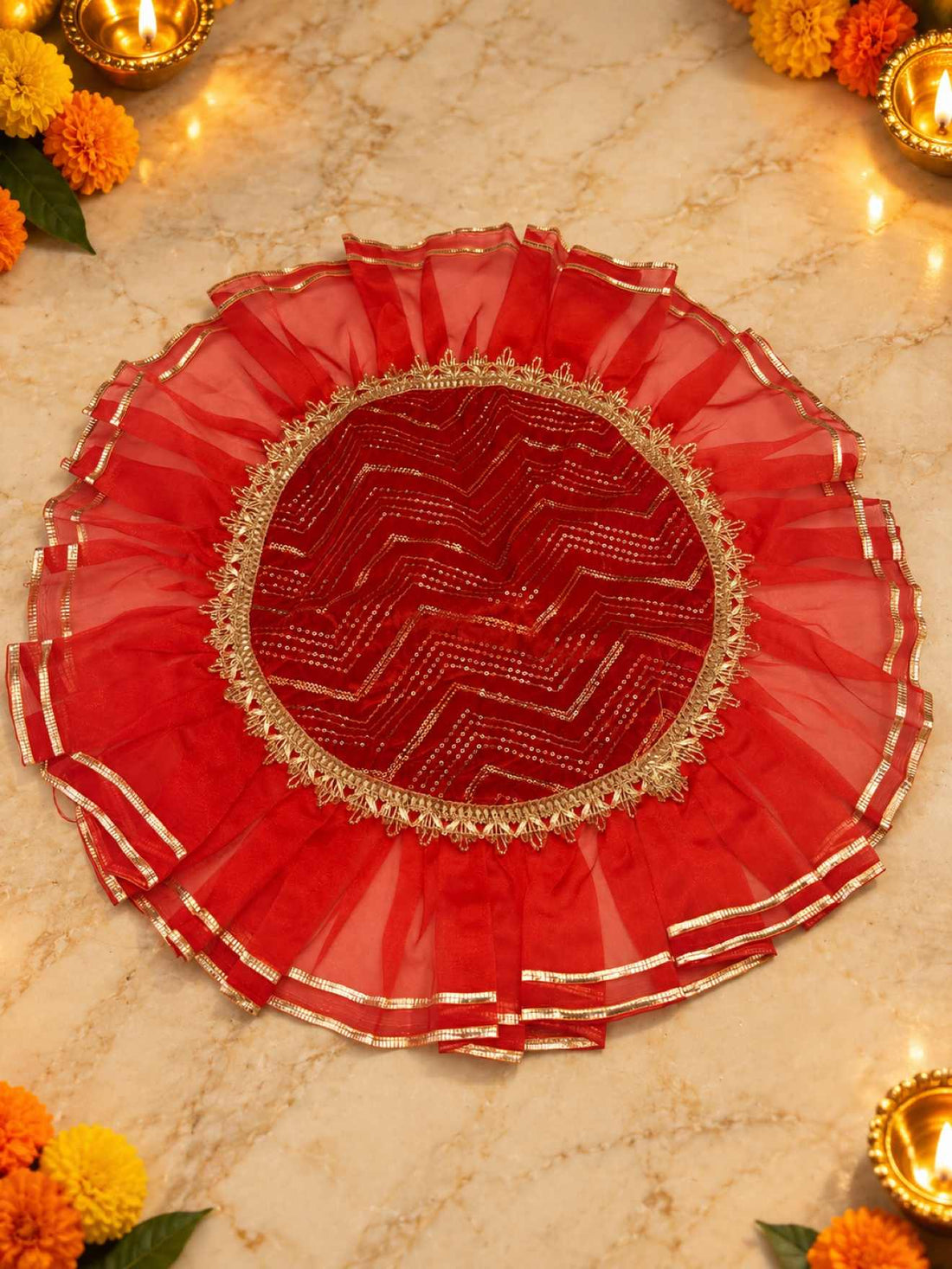 Karwa Chauth Thali Set 5-Piece — Red Velvet Pooja Thali with Chhalni, Lota, Potli & Round Thal Cover