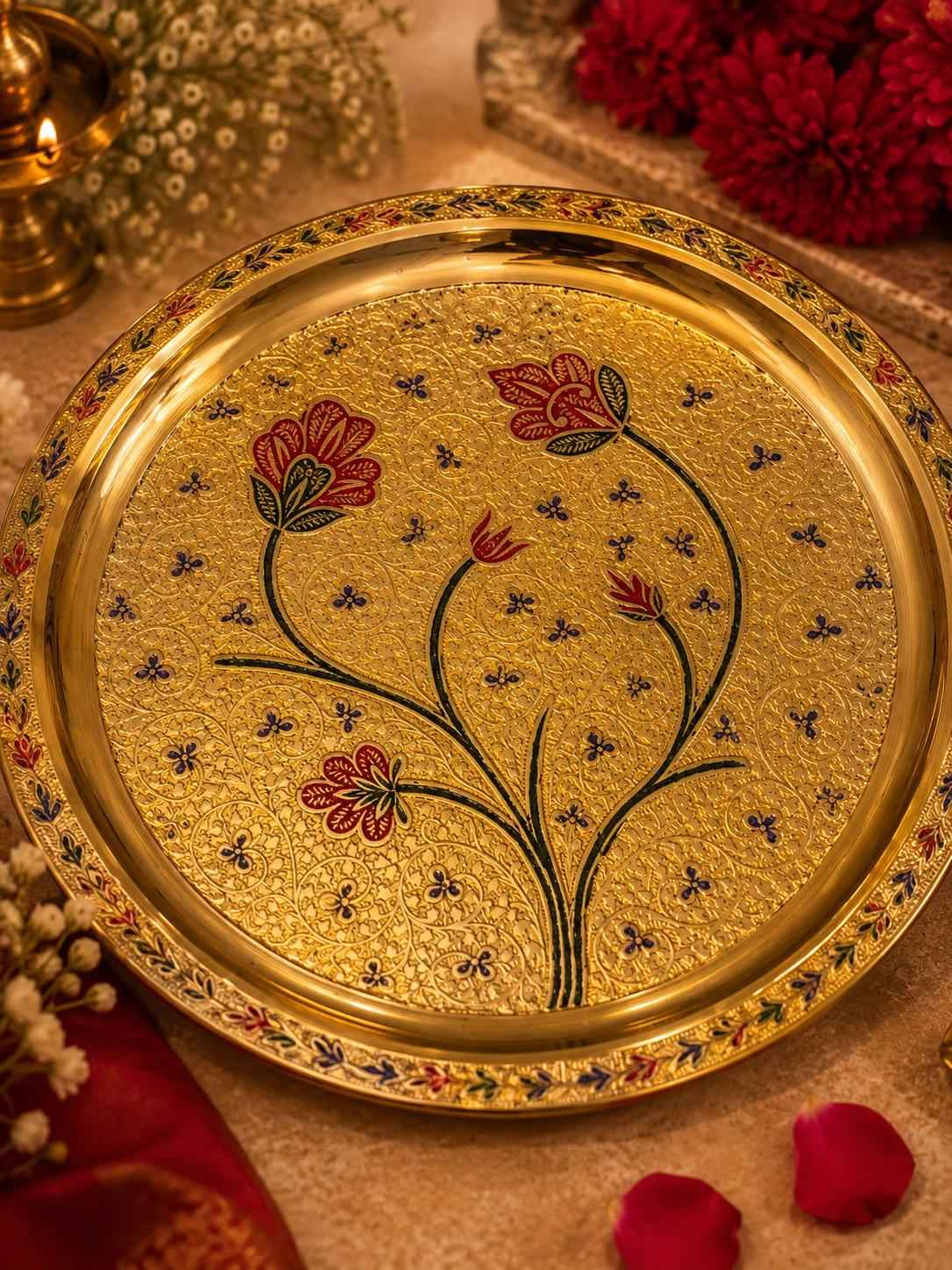 Handcrafted Brass Engraved Pooja Thali Set 7 & 10 Inch | Aarti Puja Plate for Diwali Navratri Karwa Chauth Raksha Bandhan Lakshmi Puja | Home Mandir Decor Gift