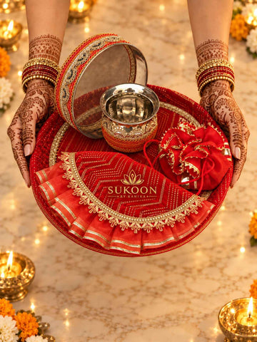 Karwa Chauth Thali Set 5-Piece — Red Velvet Pooja Thali with Chhalni, Lota, Potli & Round Thal Cover