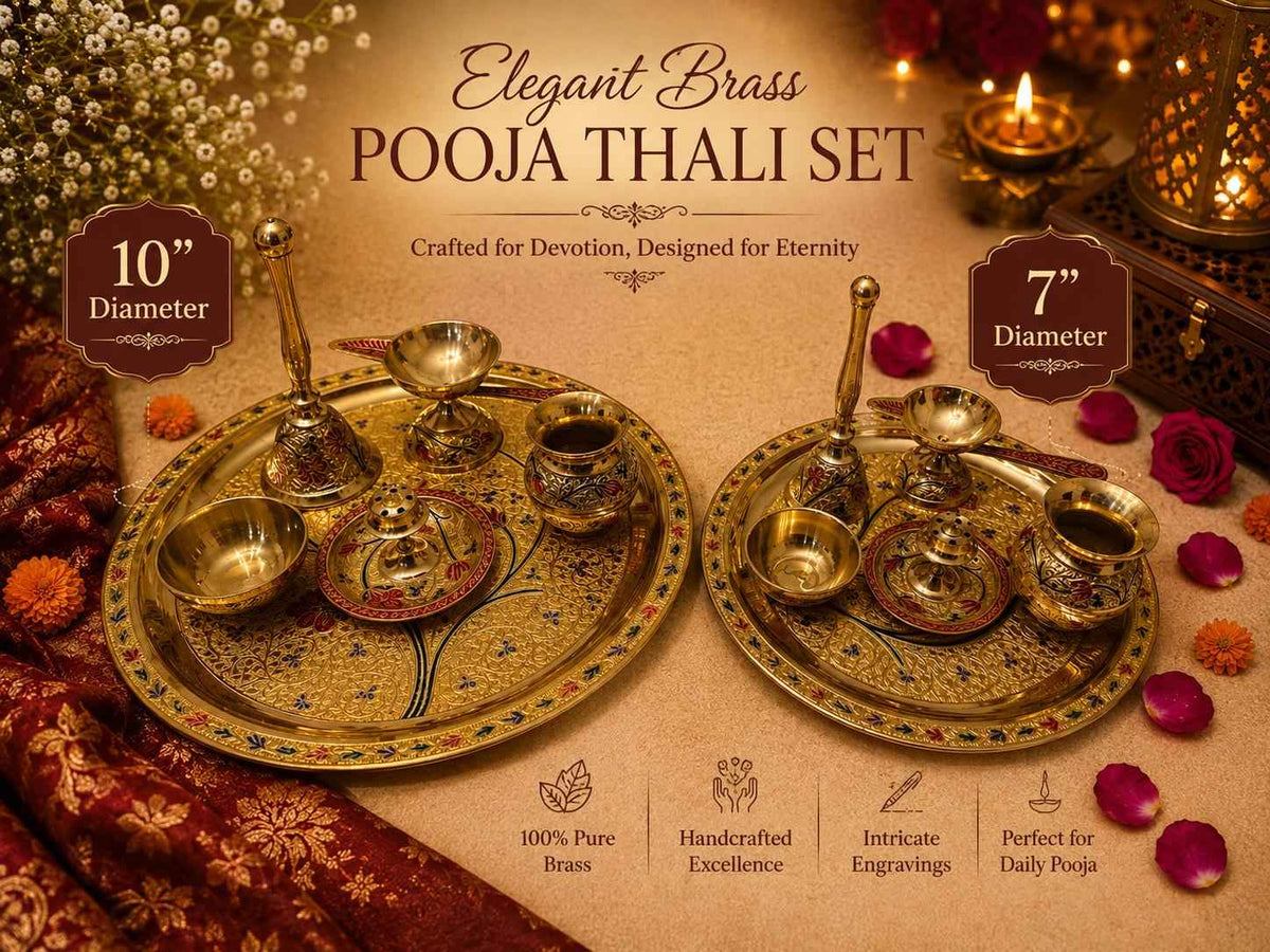 Handcrafted Brass Engraved Pooja Thali Set 7 & 10 Inch | Aarti Puja Plate for Diwali Navratri Karwa Chauth Raksha Bandhan Lakshmi Puja | Home Mandir Decor Gift