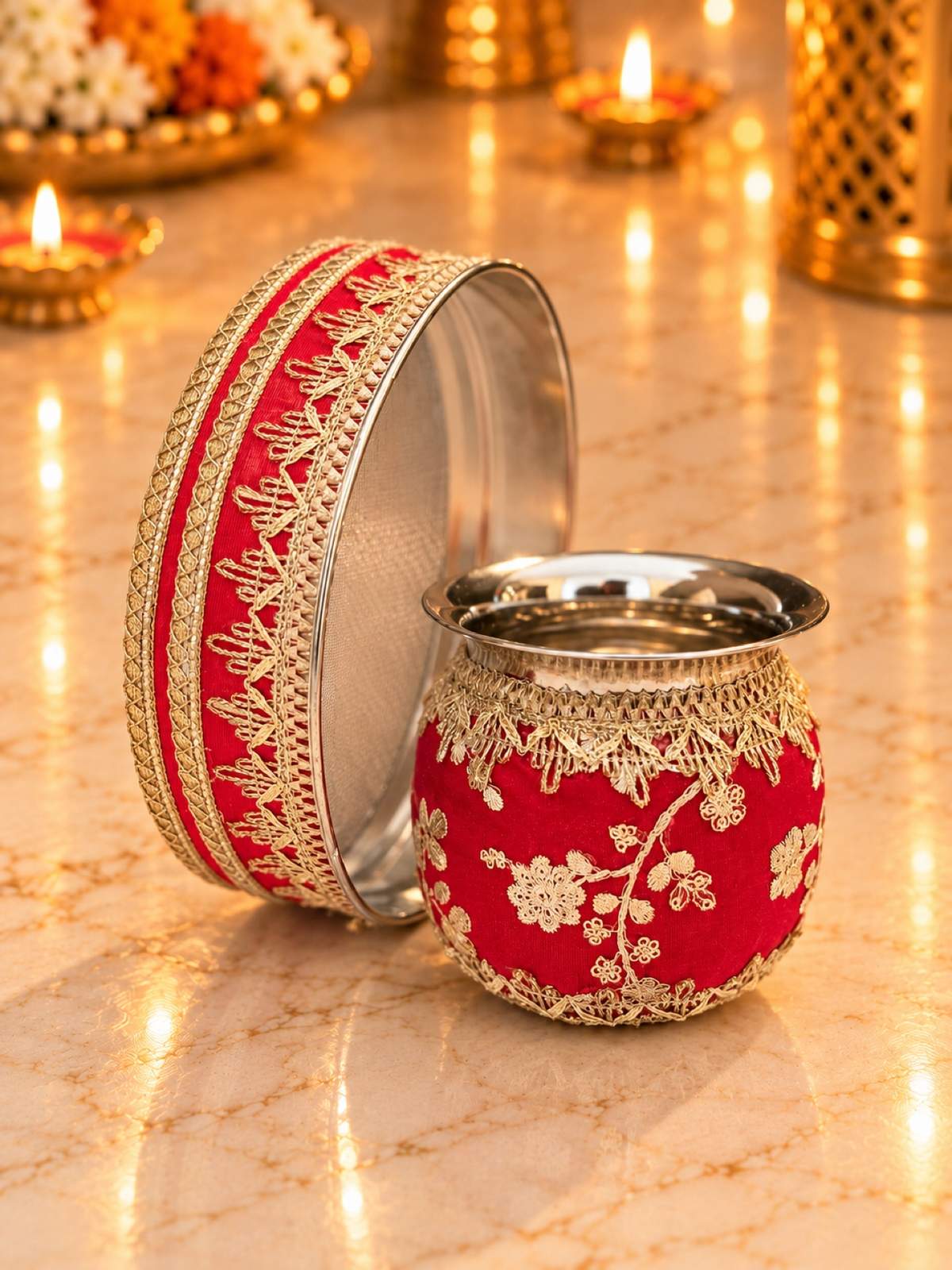 Karva Chauth Thali Set 5-Piece — Red Zari Brocade Pooja Thali with Chhalni, Lota, Thal Cover & Potli