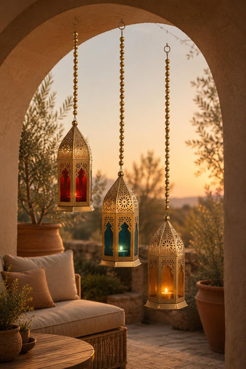 Tealight Lantern Moroccan Boho Chic Glass and Metal Tealight Tabletop Lantern Lamp with Pearl String Tea Light Candle Holder for Home Decor