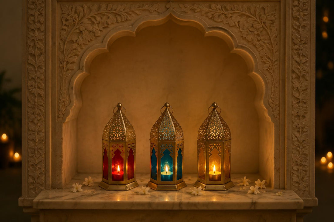Tealight Lantern Moroccan Boho Chic Glass and Metal Tealight Tabletop Lantern Lamp with Pearl String Tea Light Candle Holder for Home Decor