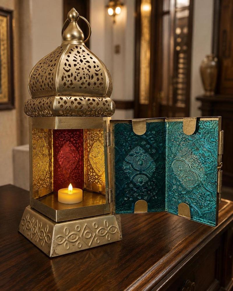 Tealight Lantern Moroccan Boho Chic Glass and Metal Tealight Tabletop Lantern Lamp with Pearl String Tea Light Candle Holder for Home Decor